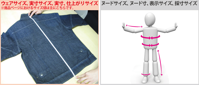ウェアサイズ、実寸サイズ、実寸、仕上がりサイズ、ヌードサイズ、ヌード寸、表示サイズ、採寸サイズ